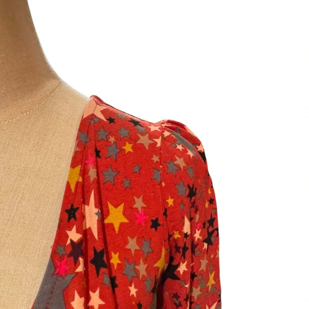 Intimately Free People Red Star‎ Print Long Sleeve Bodysuit Thong Snap Front XS